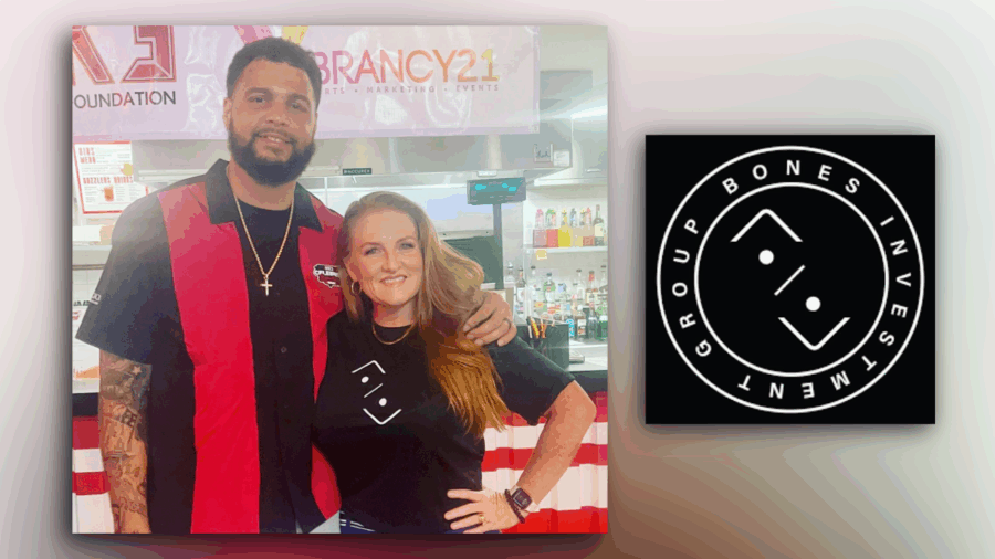 Teal Henderson and Tampa Bay Buccaneers wide receiver Mike Evans beside the Bones Investment Group logo.