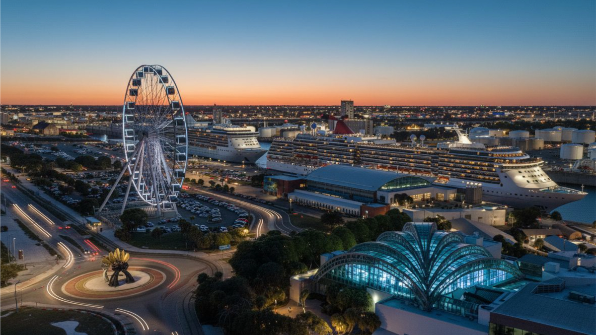 Rendering of Tampa WOW!, a 250-foot observation wheel planned for downtown Tampa’s Channel District, illuminated at sunset with cruise ships docked nearby and The Florida Aquarium in the foreground.