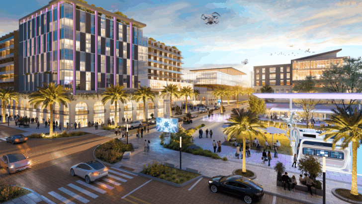 Rendering of the Gas Plant District Gateway at 13th Street with modern buildings, palm trees, and a pedestrian-friendly plaza at sunset.