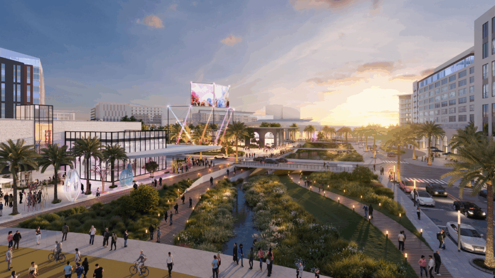 Bird’s-eye view of the Gas Plant District redevelopment showing office buildings, residential towers, and a large park at sunset.