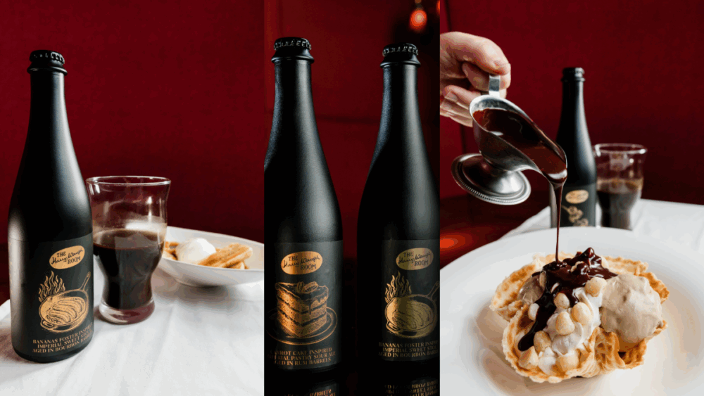 Three images show The Harry Waugh Room’s dessert-inspired beer collaboration, including bottles of the Bananas Foster and Carrot Cake Imperial Sweet Stouts and a macadamia nut dessert drizzled with chocolate sauce at Bern’s Steak House in Tampa.