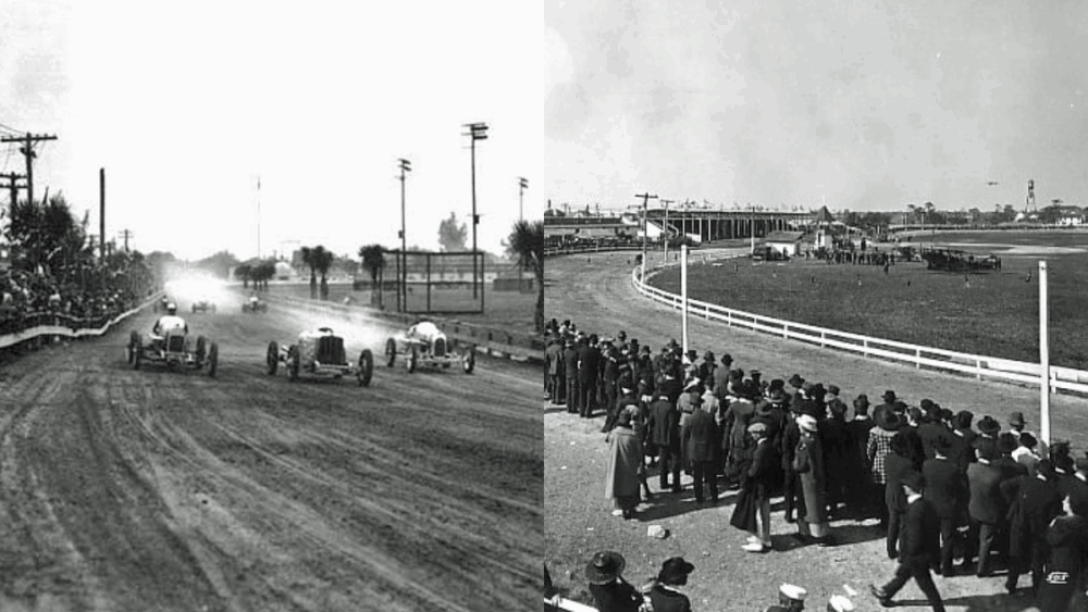 Archival images showing early auto racing at Tampa’s Plant Field, including vintage race cars on a dirt track and spectators gathered along the oval course.