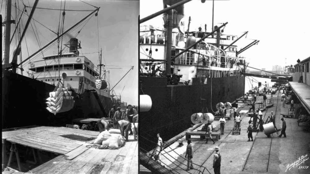Historical photos of dockworkers loading and unloading ships at Tampa’s port, showing cranes, cargo, and bustling maritime activity.