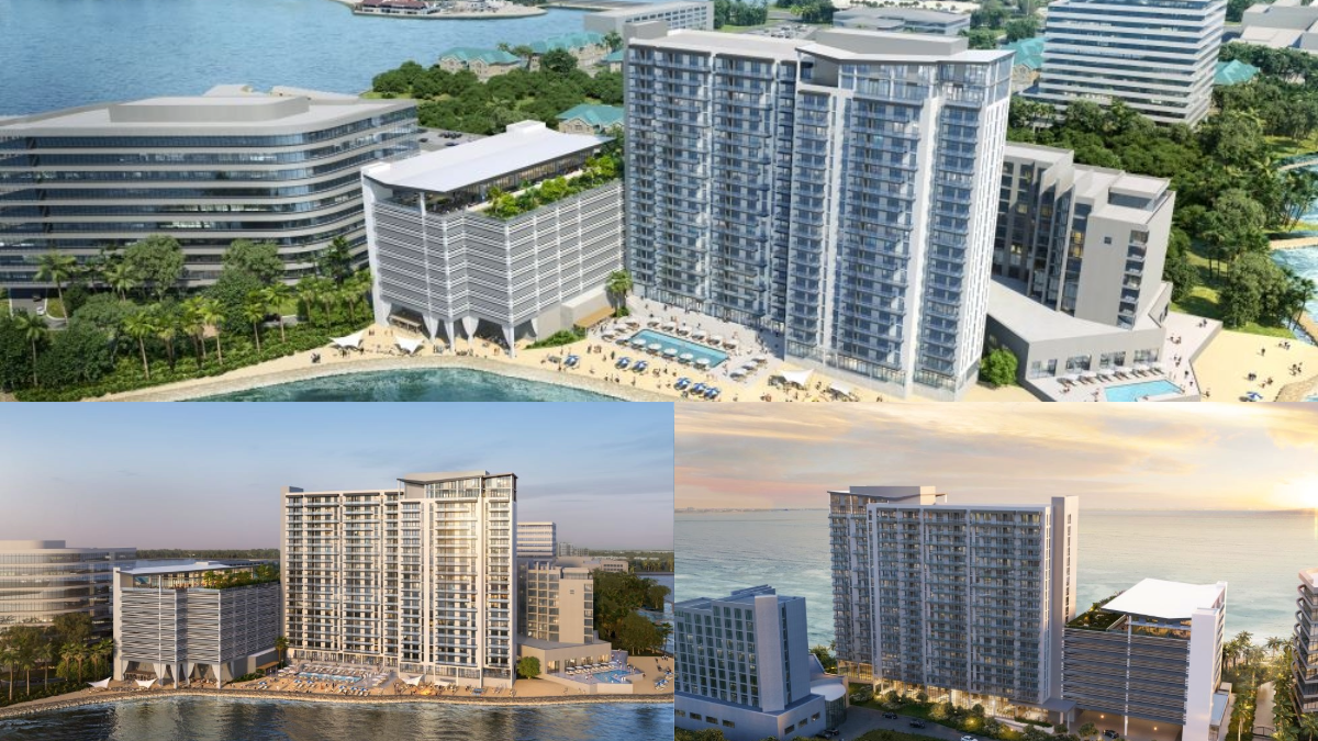 Renderings of The Residences at Rocky Point, a planned $187 million luxury high-rise in Tampa with 252 apartments and a rooftop restaurant overlooking the bay.