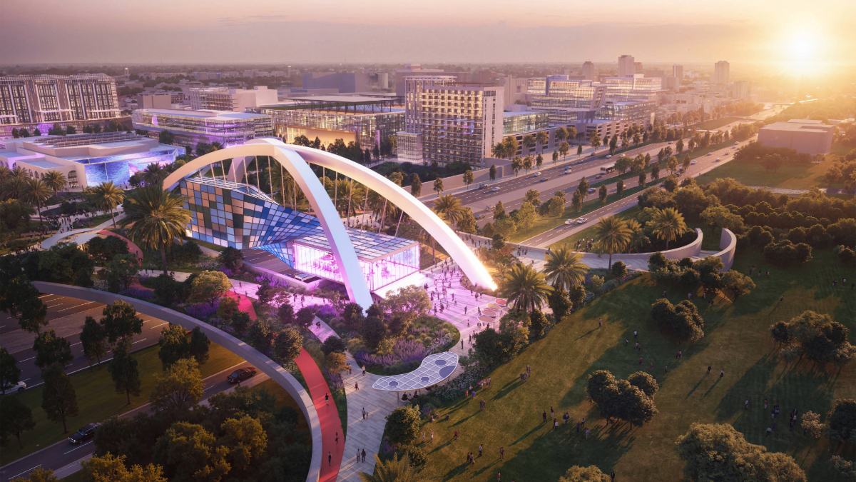 A bird’s-eye rendering highlights the full scale of the Gas Plant District proposal, spanning nearly 100 acres with housing, office, retail and open green space.