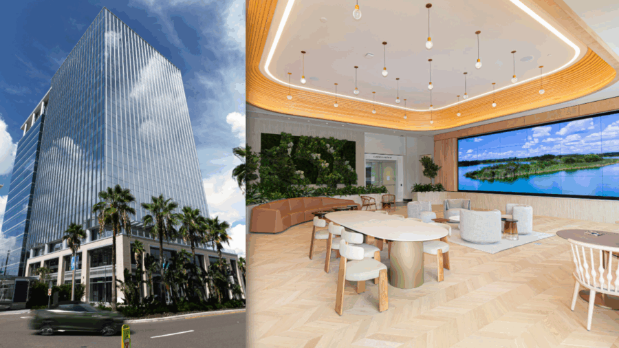 Composite image showing Midtown East’s exterior tower alongside its interior lobby and lounge space.