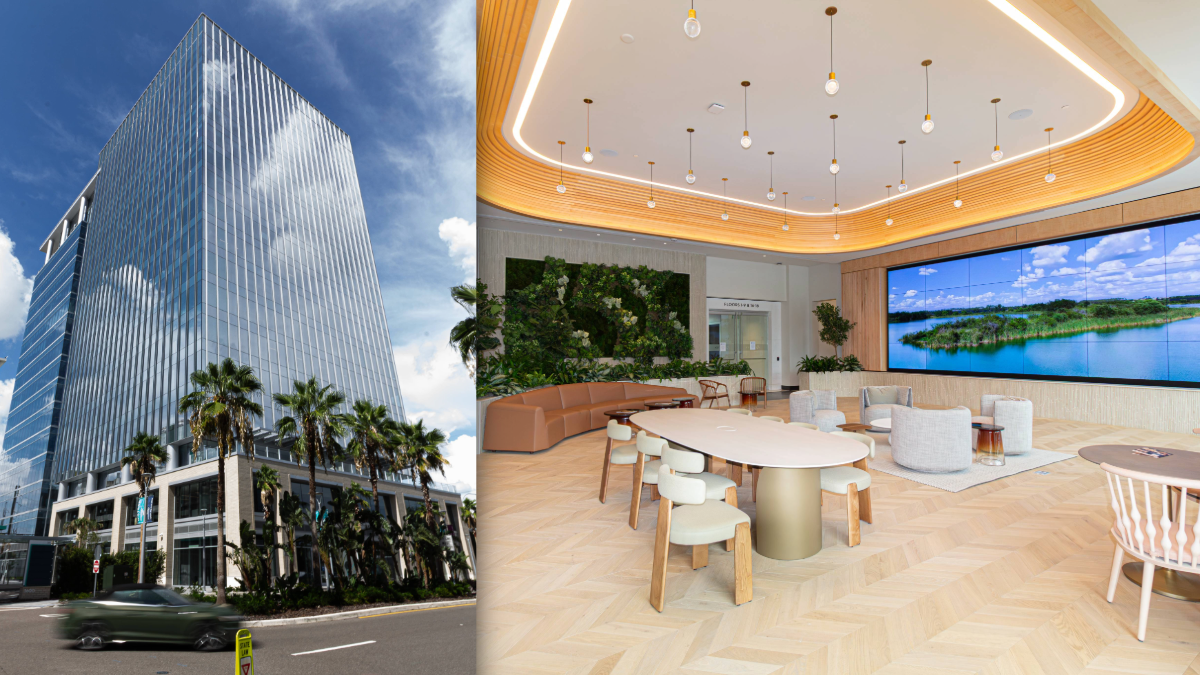 Composite image showing Midtown East’s exterior tower alongside its interior lobby and lounge space.
