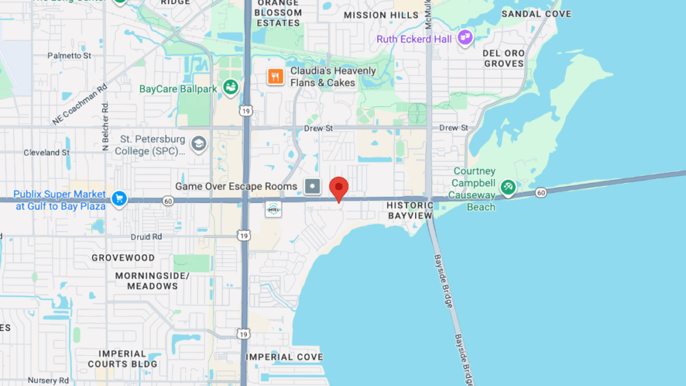 A map showing the location of the new Firehouse Subs restaurant at 2849 Gulf to Bay Boulevard in Clearwater, near the intersection of U.S. 19 and State Road 60.