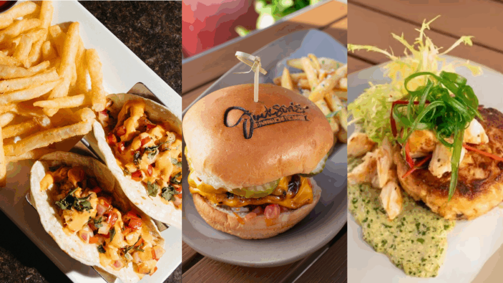 A trio of Jackson’s Bistro dishes, including seafood tacos with fries, a cheeseburger with the Jackson’s logo bun, and a crab cake with greens — showcasing the restaurant’s modern, health-conscious brunch menu on Tampa’s Harbour Island.