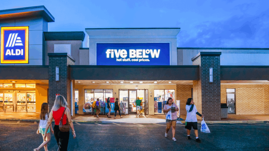 Five Below and Aldi storefronts at Buccaneer Square in Tampa, Florida