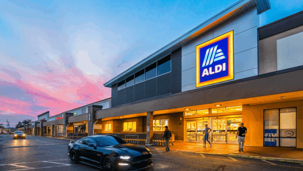 Exterior of Aldi at Buccaneer Square in Tampa during sunset