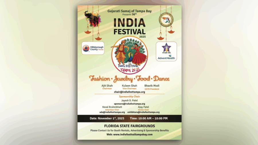 Poster for the 36th Annual India Festival Tampa Bay 2025, presented by Gujarati Samaj of Tampa Bay. Includes event details, sponsors, and colorful artwork of traditional Indian dancers and peacocks, promoting a full day of fashion, jewelry, food and dance at the Florida State Fairgrounds.