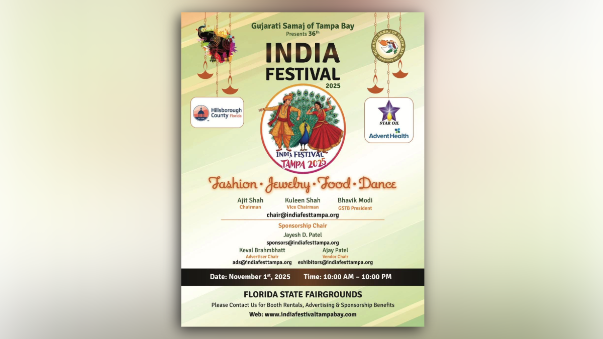 Poster for the 36th Annual India Festival Tampa Bay 2025, presented by Gujarati Samaj of Tampa Bay. Includes event details, sponsors, and colorful artwork of traditional Indian dancers and peacocks, promoting a full day of fashion, jewelry, food and dance at the Florida State Fairgrounds.