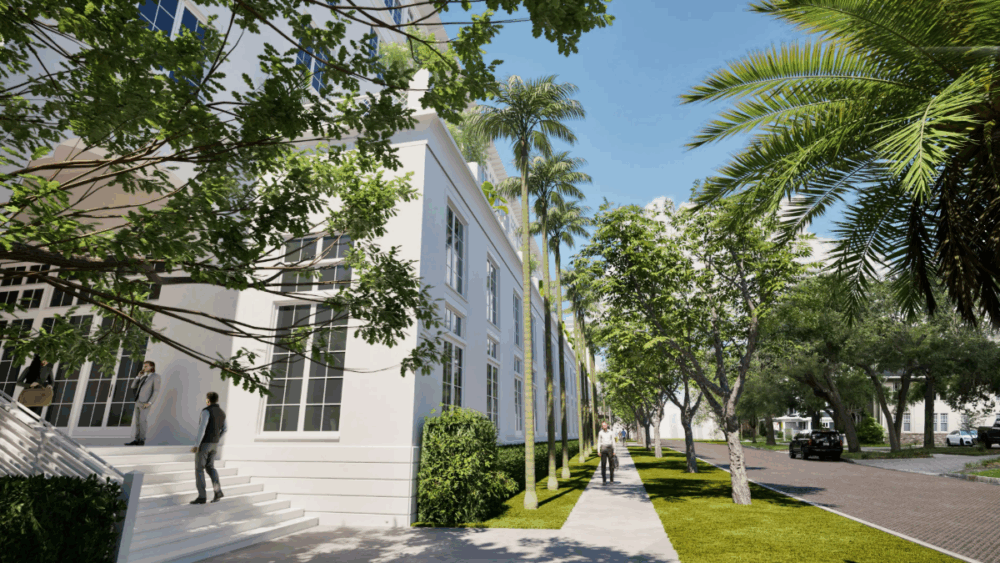 Sidewalk view of Magnolia Hotel & Residences framed by palm trees and sunlight in Hyde Park’s Spanishtown Creek neighborhood.