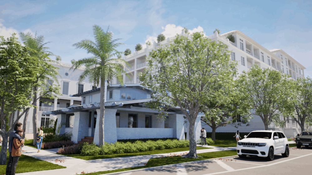 Rendering of Magnolia Hotel & Residences showing the adaptive reuse of a historic home integrated into the modern design.