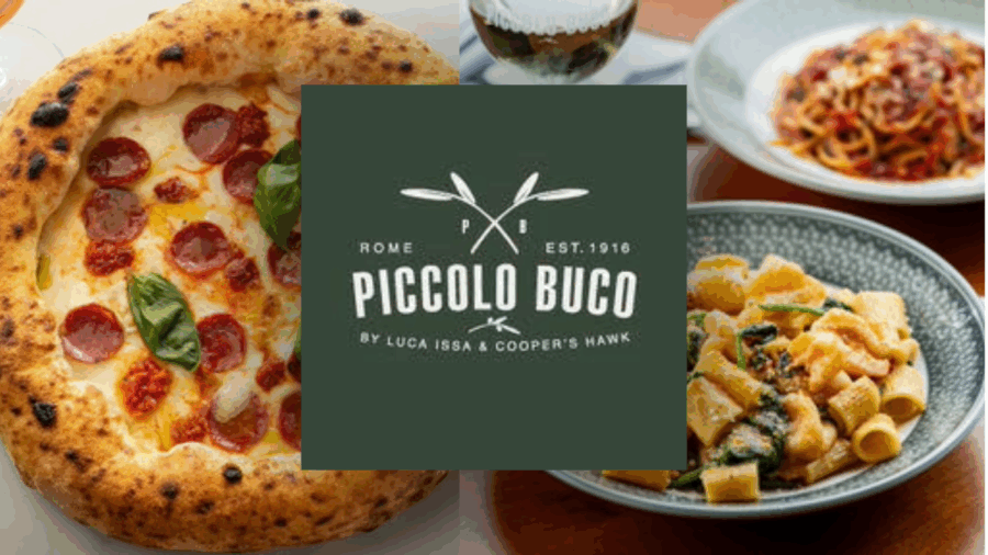 Piccolo Buco logo with images of pepperoni pizza, mezzi rigatoni alla vodka, and spaghetti dishes, highlighting the restaurant’s authentic Italian cuisine at its new Tampa location.