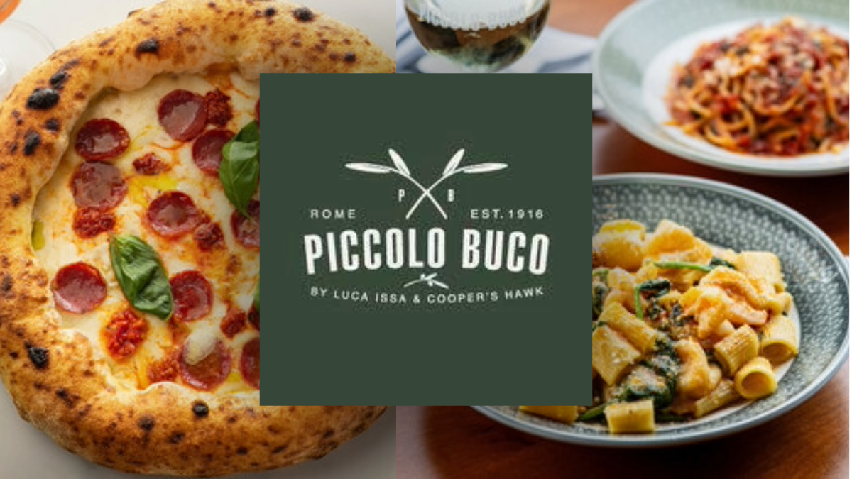 Piccolo Buco logo with images of pepperoni pizza, mezzi rigatoni alla vodka, and spaghetti dishes, highlighting the restaurant’s authentic Italian cuisine at its new Tampa location.