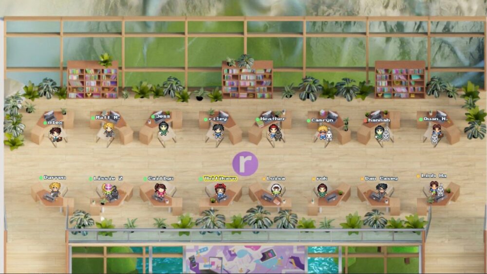 A virtual workspace showing ryco team members represented as avatars in an online campus designed like a retro video game.