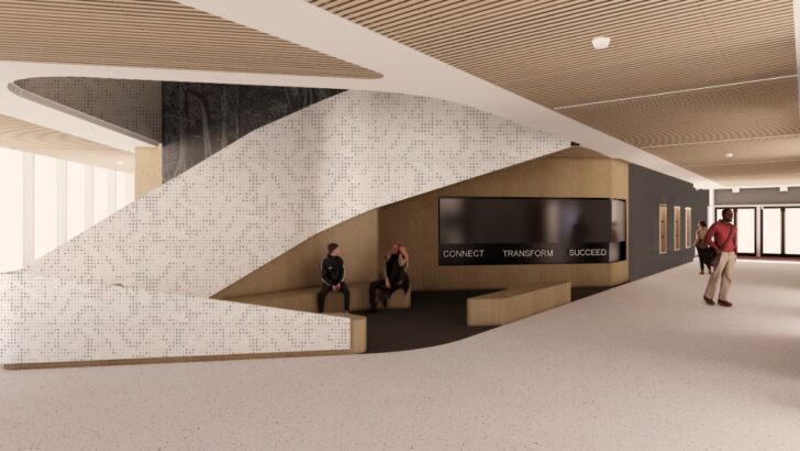 Interior hallway with study tables and lab entrances in UTampa’s new science building.