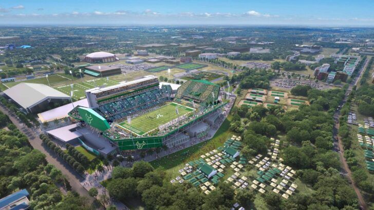 Aerial rendering of the University of South Florida’s on-campus football stadium and athletic district in Tampa.