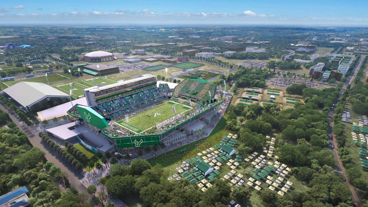 Aerial rendering of the University of South Florida’s on-campus football stadium and athletic district in Tampa.