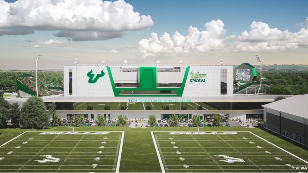 Exterior view of the USF TGH Center for Athletic Excellence connected to the new on-campus football stadium.