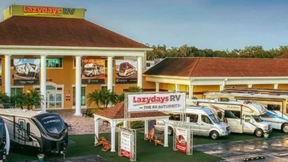 Lazydays RV dealership in Tampa showing the main showroom and RV lineup