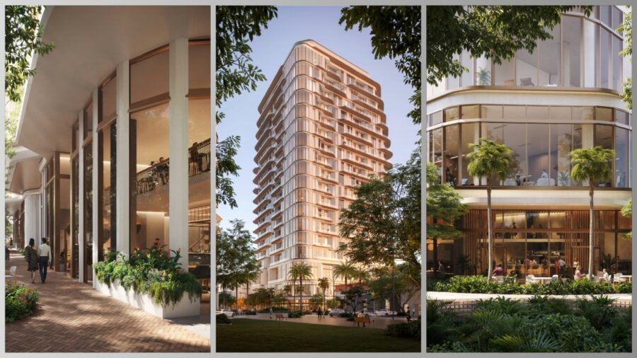 A three panel rendering of Waldorf Astoria Residences Sarasota showing the street level café, the 18 story tower and the landscaped corner with floor to ceiling windows.