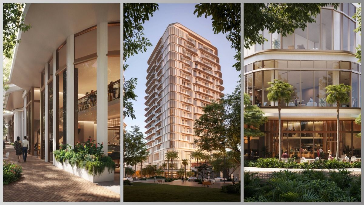 A three panel rendering of Waldorf Astoria Residences Sarasota showing the street level café, the 18 story tower and the landscaped corner with floor to ceiling windows.