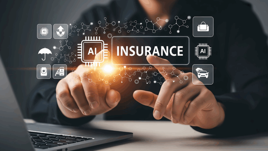 A business professional uses a laptop while interacting with a virtual display labeled “AI Insurance,” representing the connection between artificial intelligence and modern risk coverage.