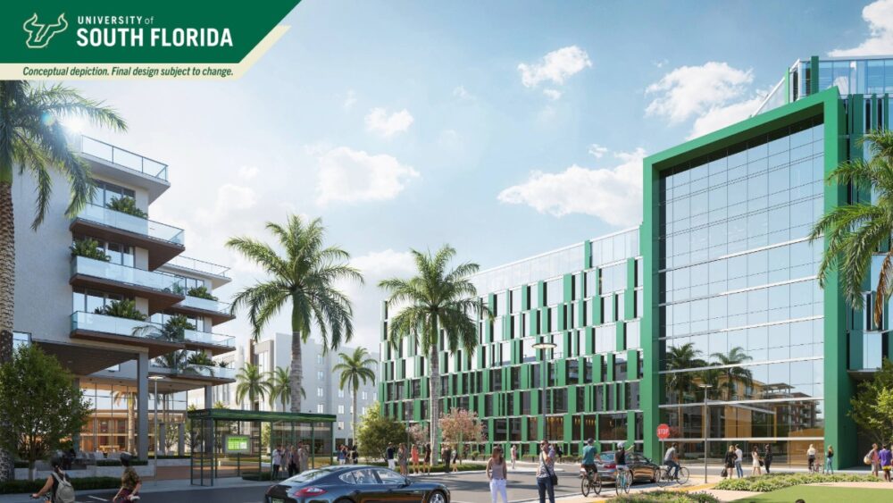 Street scene of the USF Fletcher District showing restaurants with outdoor seating and students walking along a shaded sidewalk.