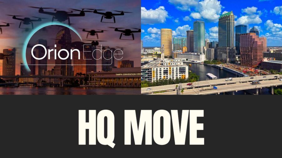 Orion Edge logo and drones over Tampa skyline alongside downtown Tampa waterfront, with “HQ Move” text overlay