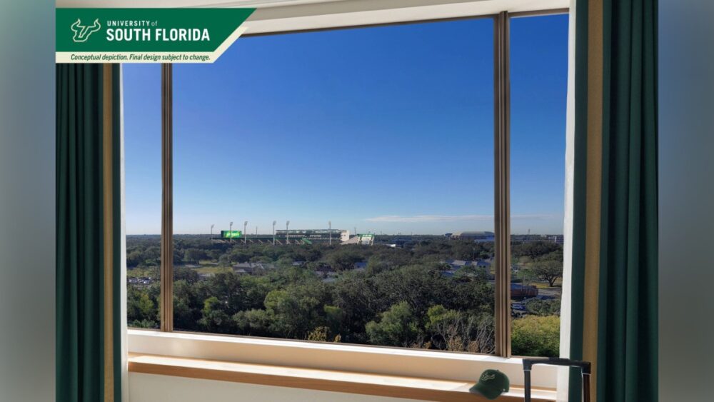 View of the planned USF Fletcher District hotel overlooking the on-campus football stadium in Tampa.