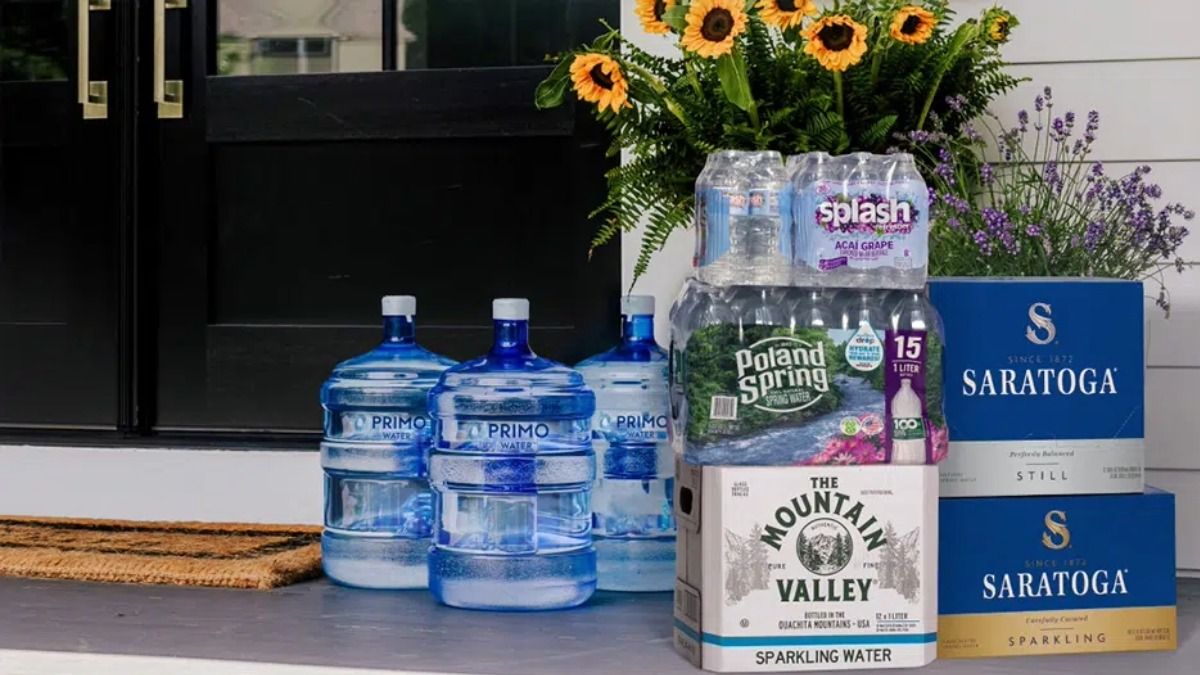 Primo Brands bottled water products including Primo Water, Poland Spring, The Mountain Valley and Saratoga