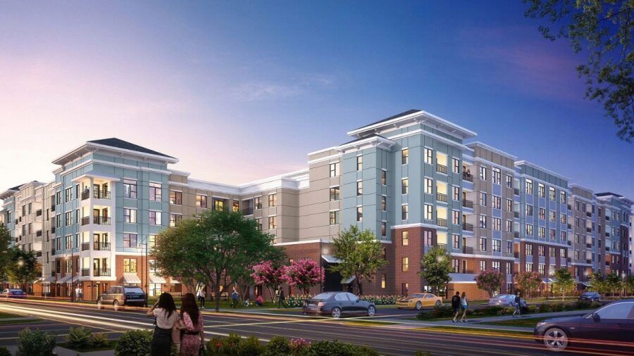 Rendering of a modern six story apartment community at sunset with people walking in front, cars on the street and landscaped trees and flowers.