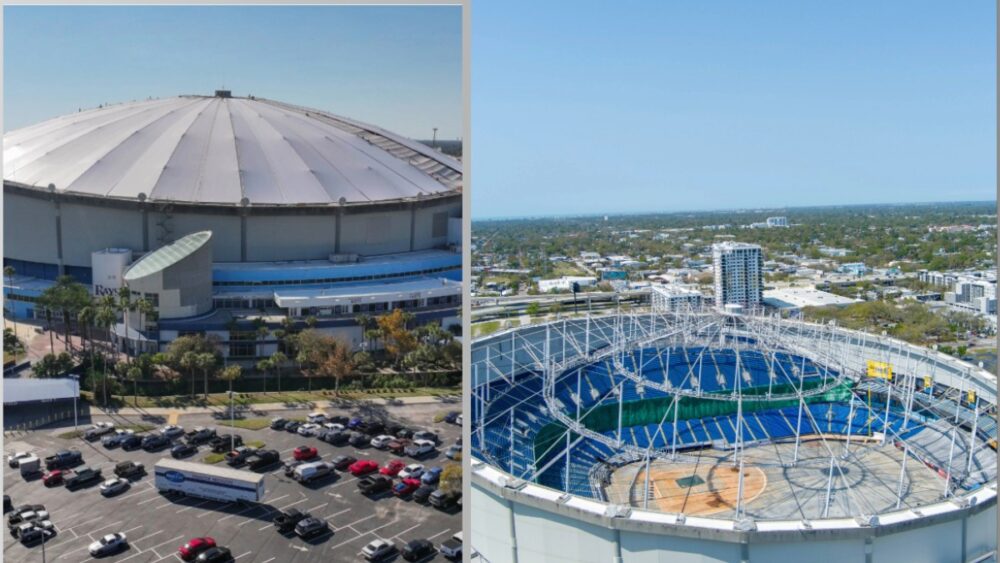 Side-by-side aerial images of Tropicana Field: the left image shows the stadium’s new roof fully installed, while the right image shows an older photo with the interior exposed and the roof removed during repairs.