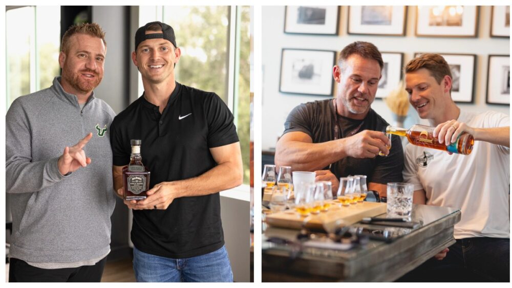 Trey Lawson stands with a USF coach holding a special release bottle and meets with Mike Alstott during a barrel selection.