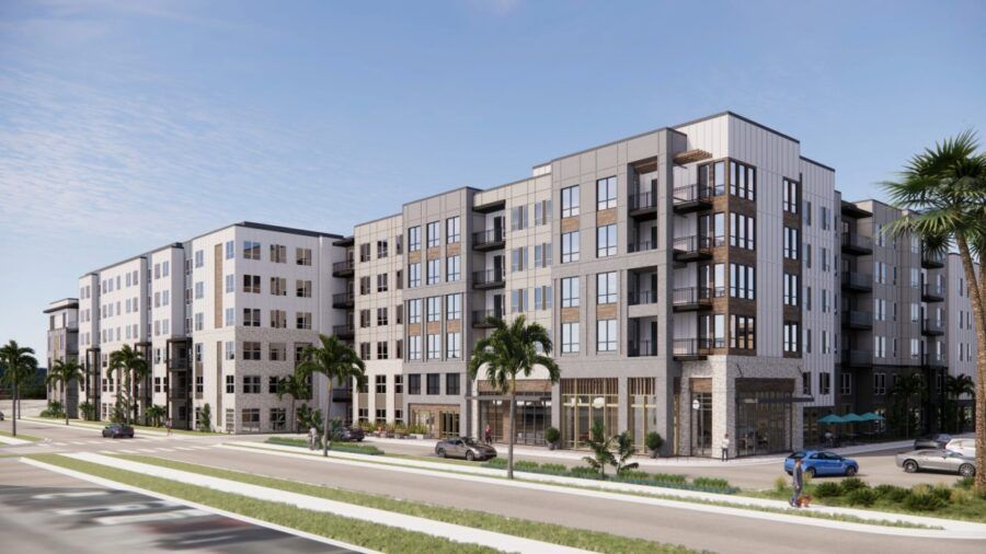 A six story modern student housing building with large windows, balconies and palm trees along the street, shown in a daytime architectural rendering. Cars, pedestrians and landscaping line the front of the property.