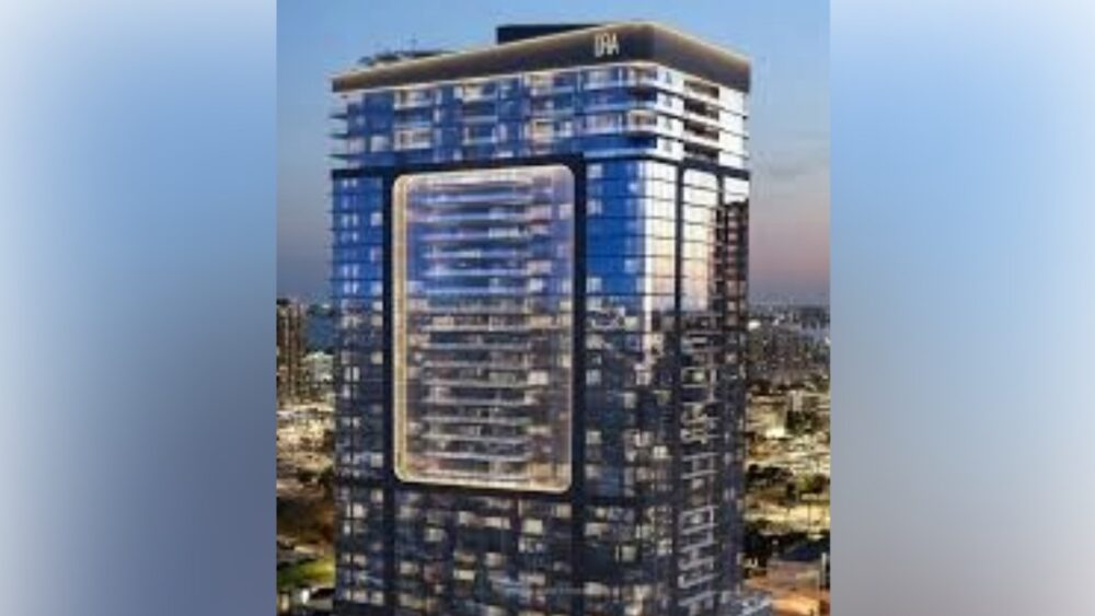 Rendering of Hotel ORA + Private Residences in downtown Tampa, a luxury high-rise with glass exterior and rooftop helipad.