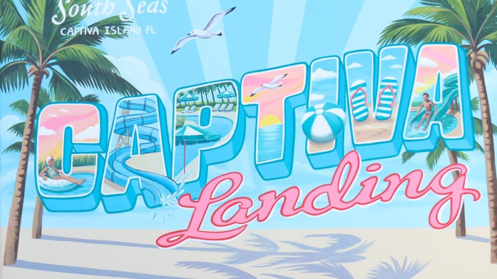 Captiva Landing Entrance Mural Captiva Landing mural at South Seas with island themed artwork and beach imagery.
