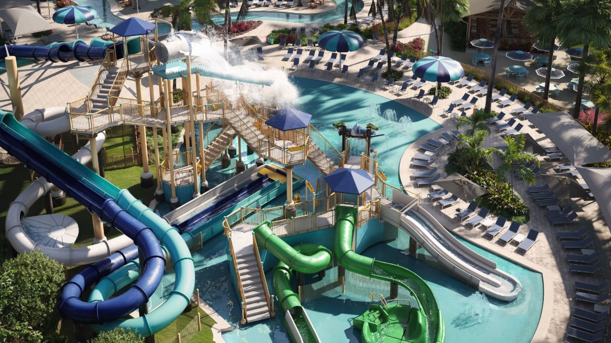Aerial view of Captiva Landing waterpark at South Seas with slides, splash zones and lounge areas.