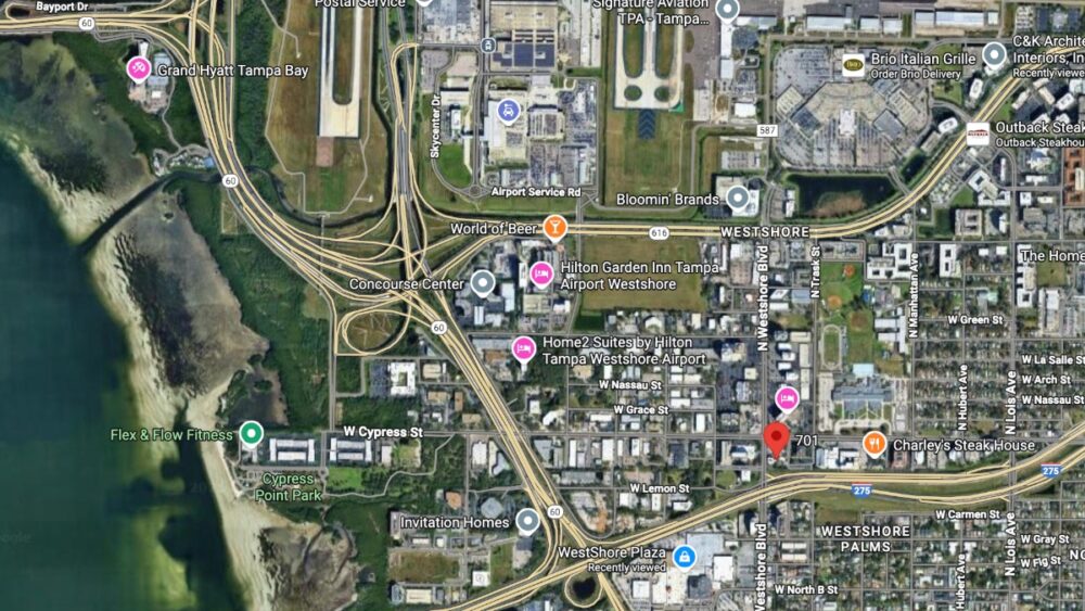 A satellite view of Tampa’s Westshore Business District showing 701 N Westshore Blvd near I 275 and surrounding commercial properties.