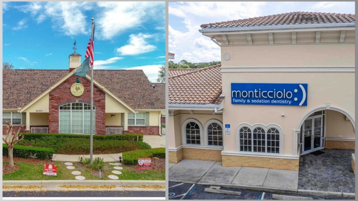 Side-by-side view of the Primrose School property in Tampa and the Monticciolo Dental office in Lakewood Ranch, recently acquired by a California investor.