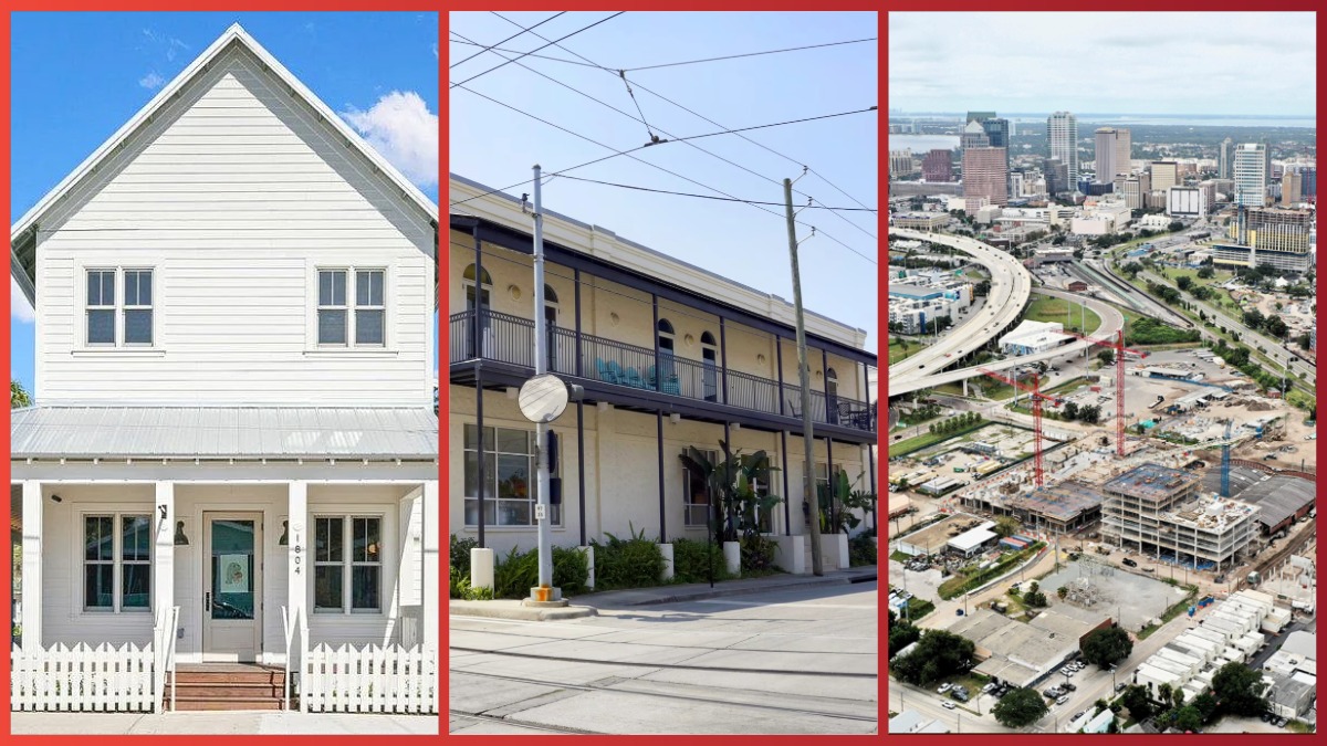 Three views of Ybor City development: the Pete’s Bagels building on 4th Avenue, a historic mixed-use building on 6th Avenue, and the nearby Gasworx construction site linking Ybor to downtown Tampa.