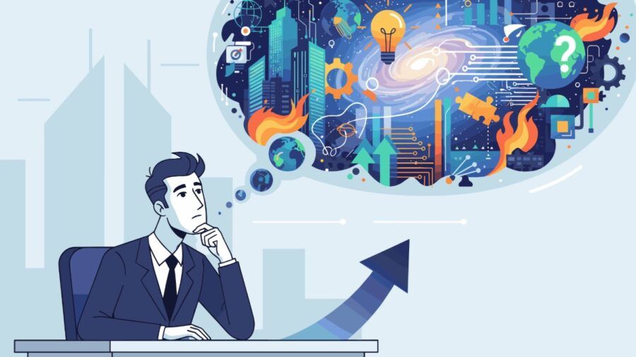 A Tampa Bay entrepreneur sits at a desk in a suit, thinking deeply as a cloud of symbols floats above him. The thought bubble shows icons for technology, innovation, cities, global challenges, gears and arrows symbolizing growth and change. The scene illustrates big ideas and the future of business.