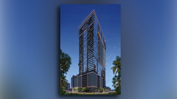 Rendering of the Hotel ORA tower in downtown Tampa at dusk