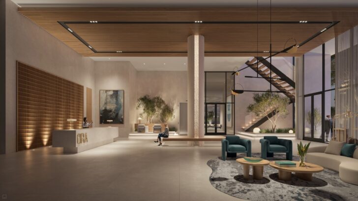 Rendering of the Hotel ORA lobby with seating, lighting details and floor to ceiling windows