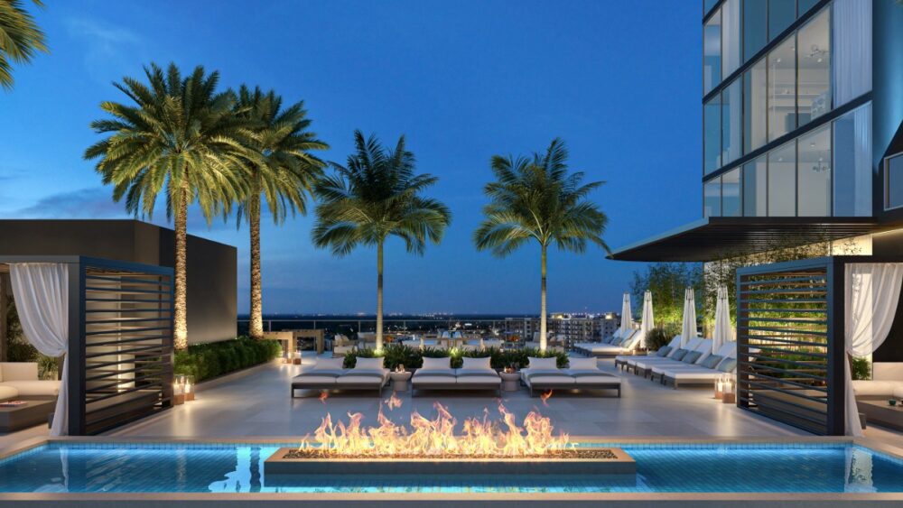 Rendering of a rooftop fire feature with palm trees, cabanas and lounge seating at Hotel ORA