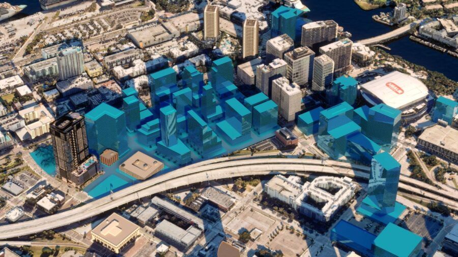 Aerial rendering of downtown Tampa showing the Hotel ORA site and surrounding future towers