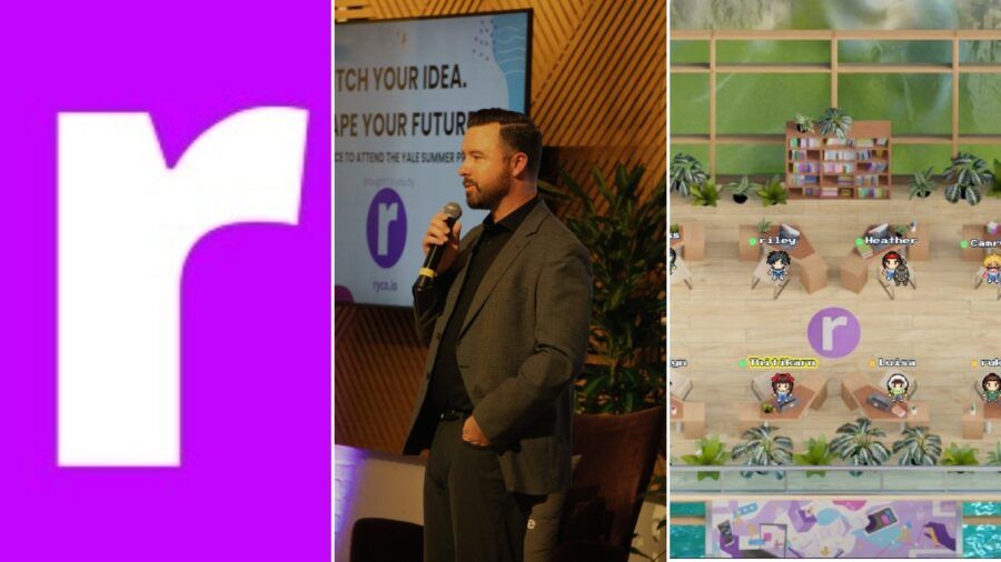 A three-panel collage showing the ryco logo, founder Riley Walker speaking on stage at a student pitch event and the company’s virtual campus where team members work as avatars.